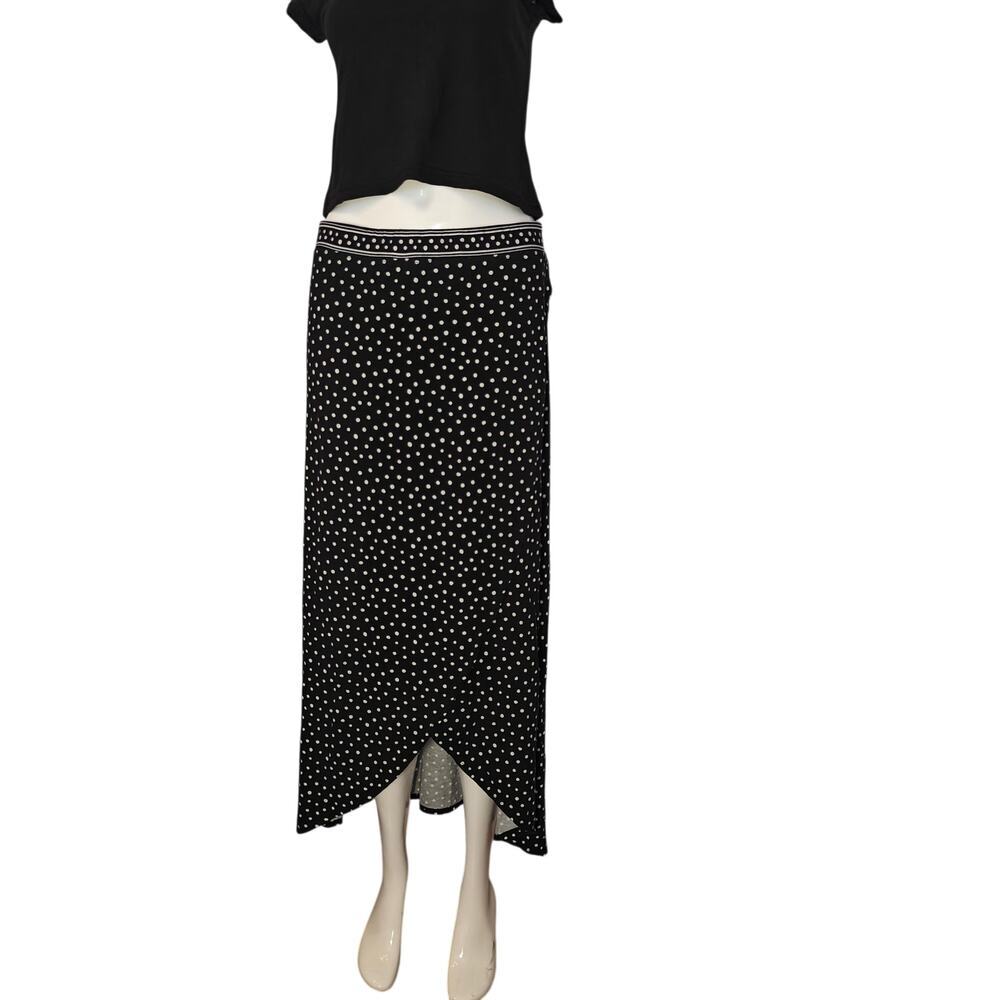 Max Studio Polka Dot Maxi Skirt Black White High Low Hem Stretch XL